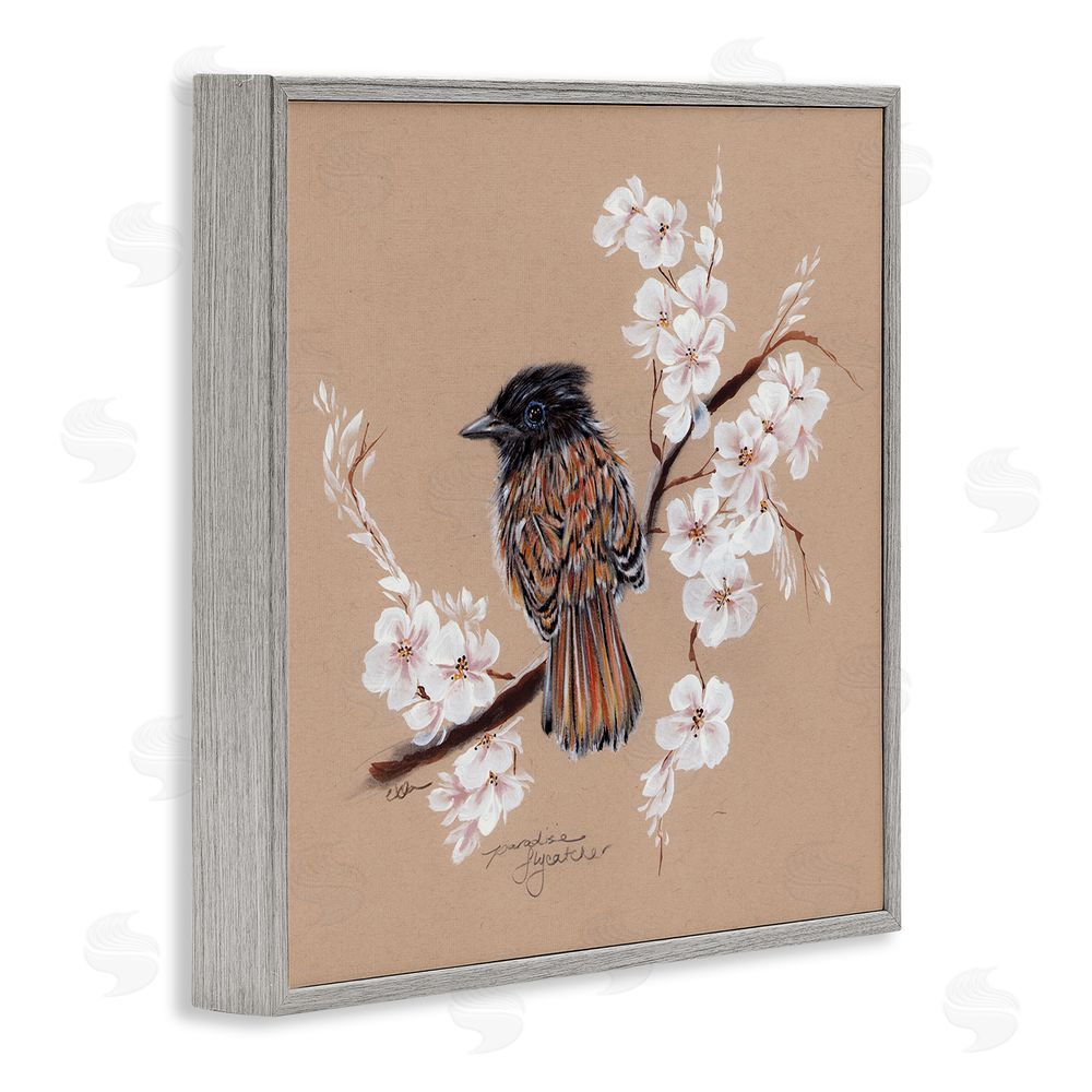 Cady Driver Perched Bird Neutral Apple Blossoms Gray Framed Giclee Wall Art Print