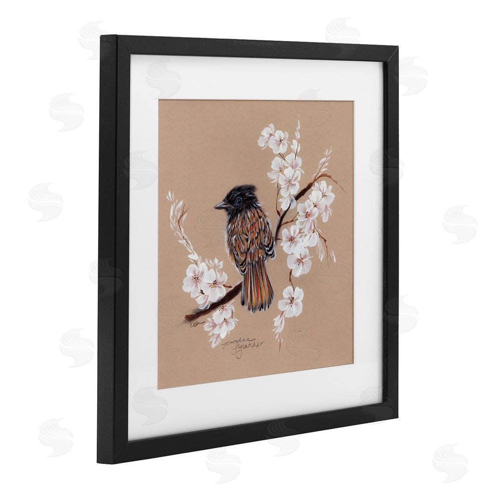Cady Driver Perched Bird Neutral Apple Blossoms Black Framed Print Under Glass with White Mat Wall Art