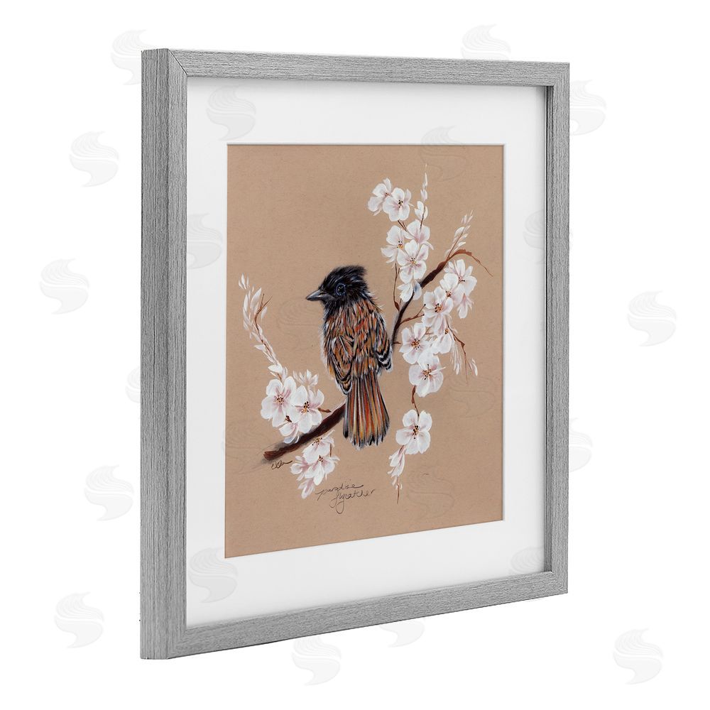 Cady Driver Perched Bird Neutral Apple Blossoms Gray Framed Print Under Glass with White Mat Wall Art