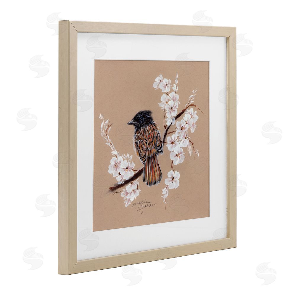 Cady Driver Perched Bird Neutral Apple Blossoms Birch Framed Print Under Glass with White Mat Wall Art