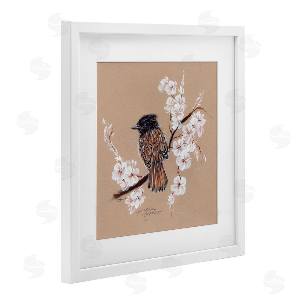 Cady Driver Perched Bird Neutral Apple Blossoms White Framed Print Under Glass with Mat Wall Art