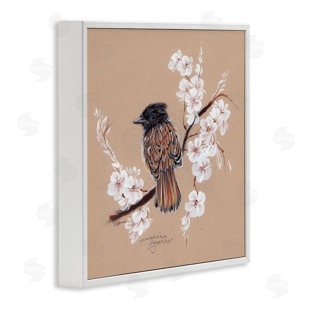 Cady Driver Perched Bird Neutral Apple Blossoms White Framed Giclee Wall Art Print