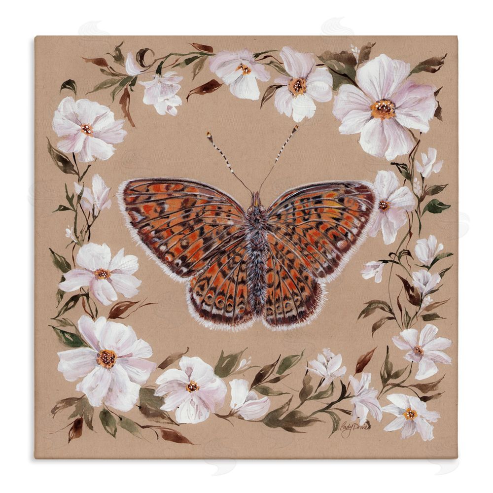 Cady Driver Vintage Butterfly with Blossom Border Canvas Wall Art Print