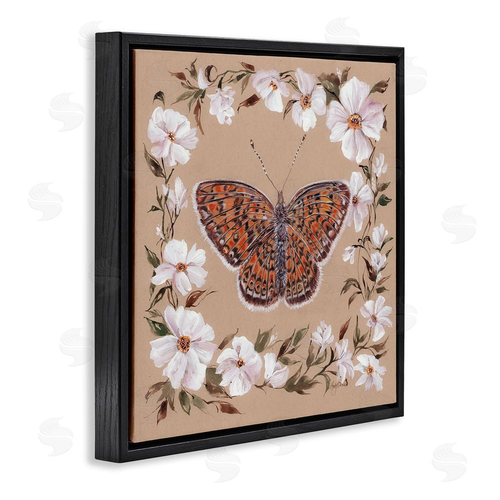 Cady Driver Vintage Butterfly with Blossom Border Black Floating Frame Canvas Wall Art Print