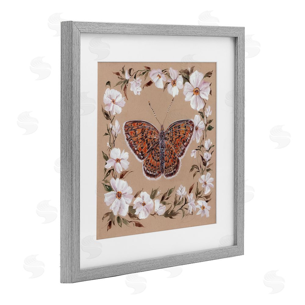 Cady Driver Vintage Butterfly with Blossom Border Gray Framed Print Under Glass with White Mat Wall Art