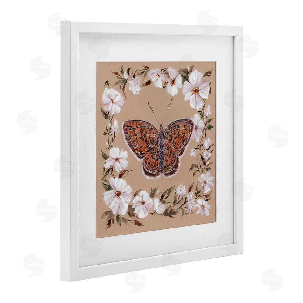 Cady Driver Vintage Butterfly with Blossom Border White Framed Print Under Glass with Mat Wall Art