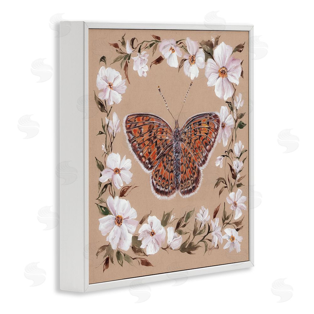 Cady Driver Vintage Butterfly with Blossom Border White Framed Giclee Wall Art Print