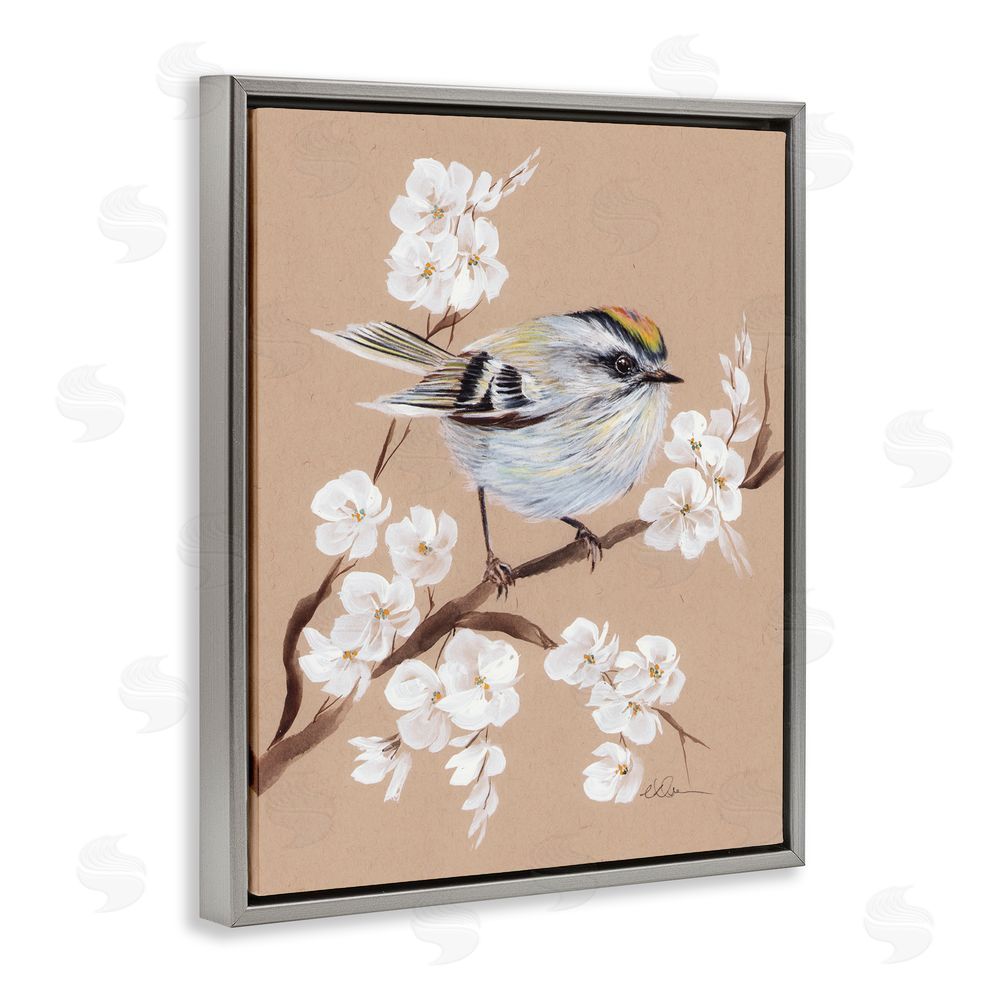 Cady Driver Apple Blossom Branch with Bird Gray Floating Frame Canvas Wall Art Print