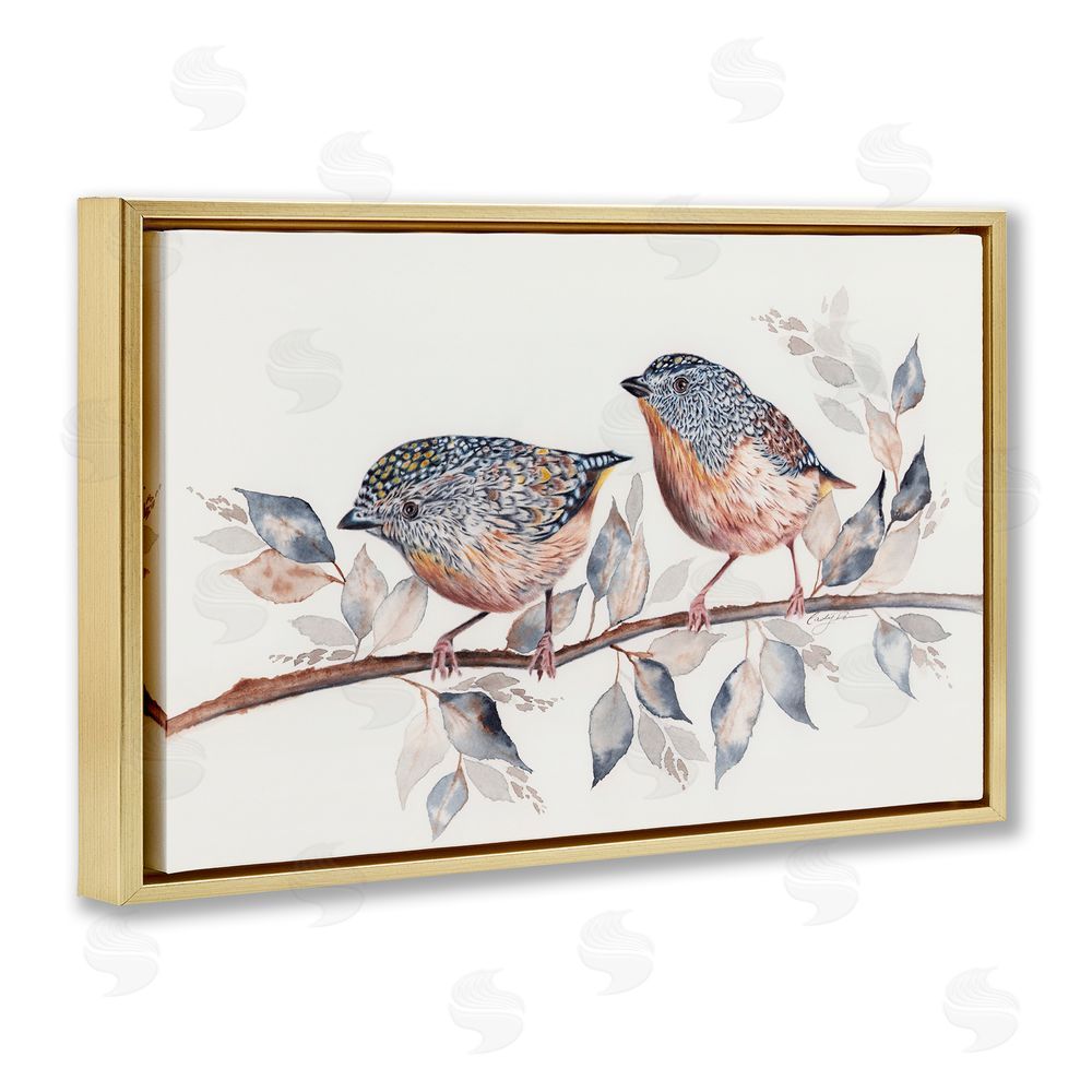 Cady Driver Speckled Bird Pair on Branch Gold Floating Frame Canvas Wall Art Print