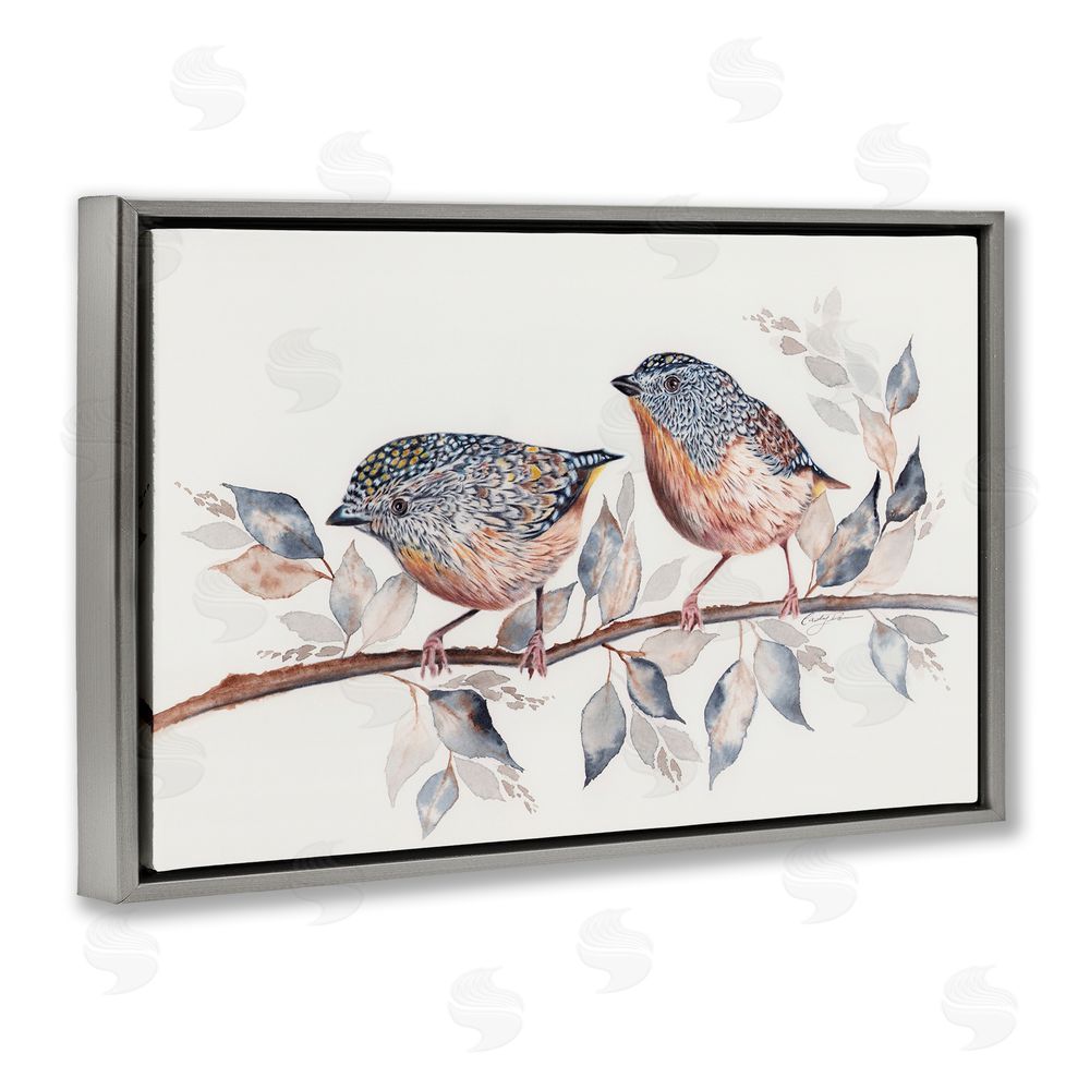 Cady Driver Speckled Bird Pair on Branch Gray Floating Frame Canvas Wall Art Print