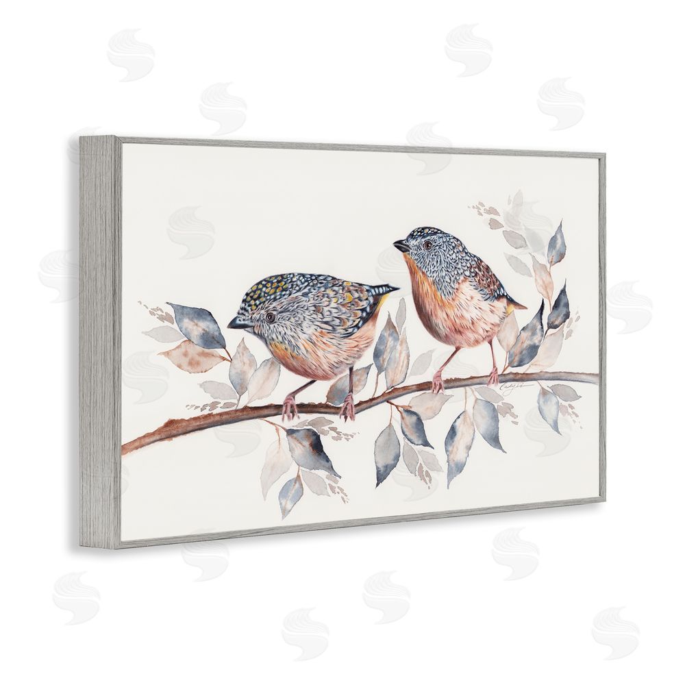 Cady Driver Speckled Bird Pair on Branch Gray Framed Giclee Wall Art Print