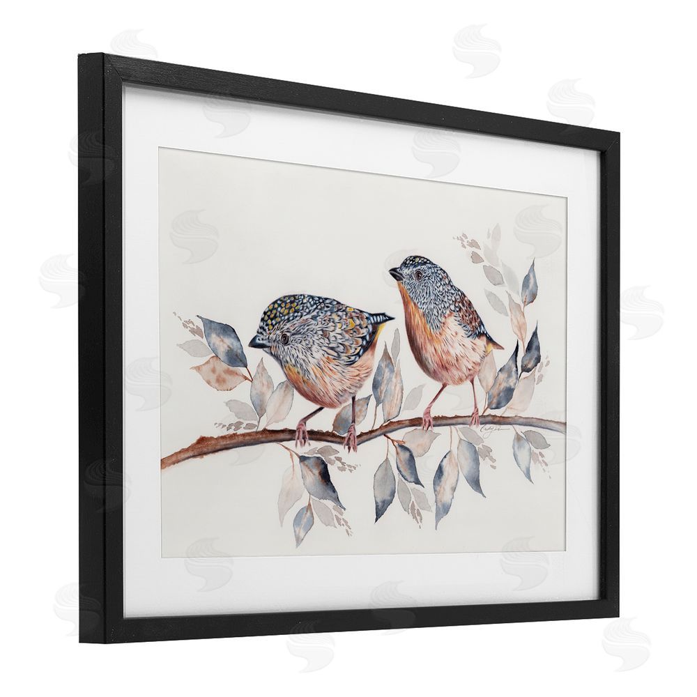 Cady Driver Speckled Bird Pair on Branch Black Framed Print Under Glass with White Mat Wall Art