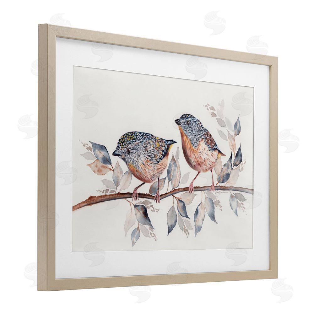 Cady Driver Speckled Bird Pair on Branch Birch Framed Print Under Glass with White Mat Wall Art