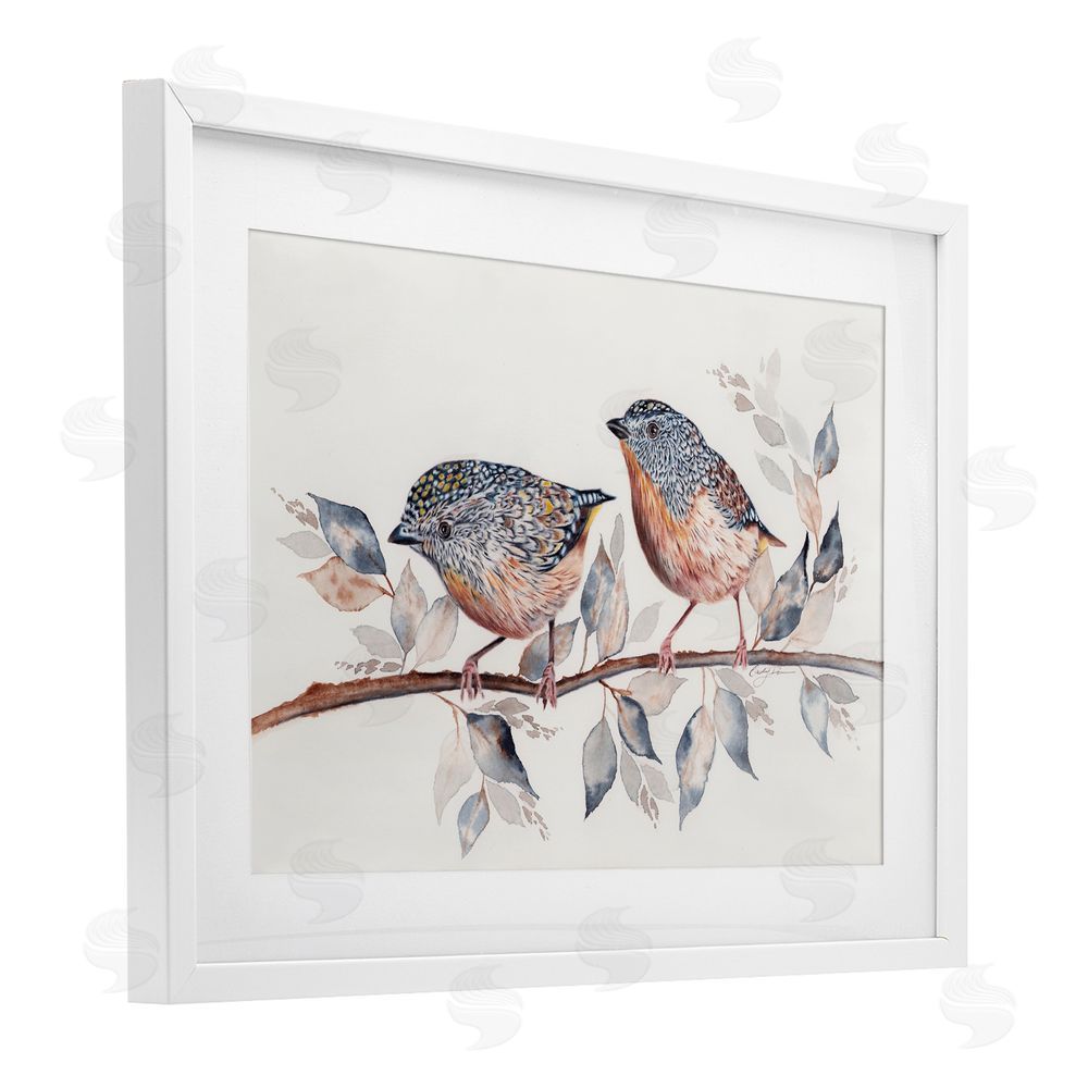 Cady Driver Speckled Bird Pair on Branch White Framed Print Under Glass with Mat Wall Art