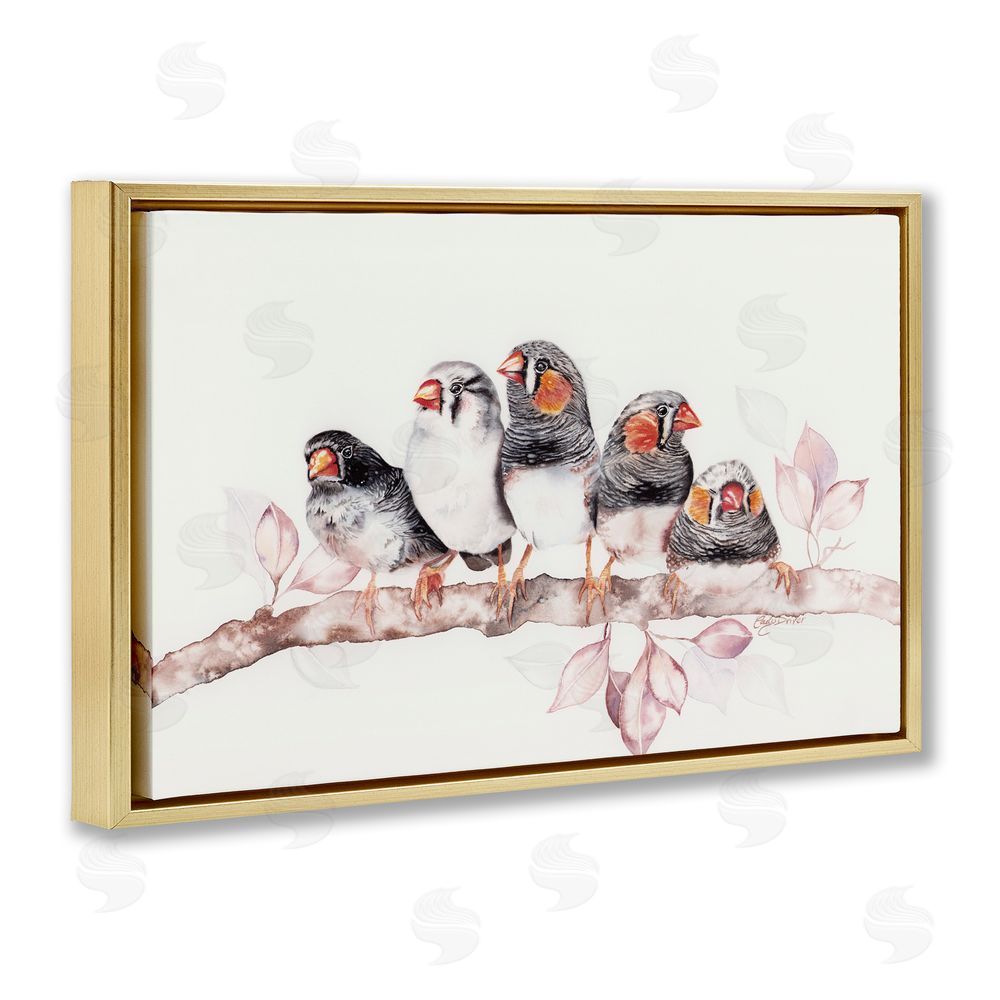 Cady Driver Five Birds on Branch Gold Floating Frame Canvas Wall Art Print