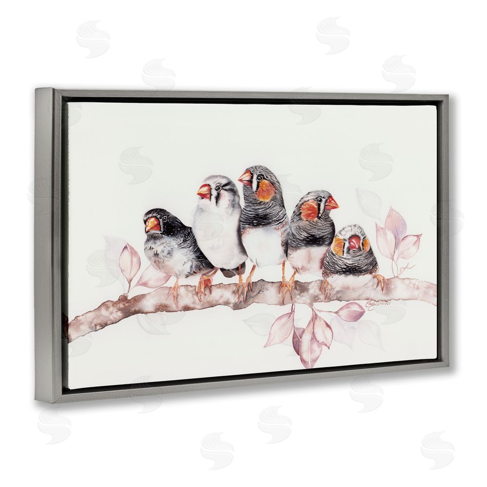 Cady Driver Five Birds on Branch Gray Floating Frame Canvas Wall Art Print