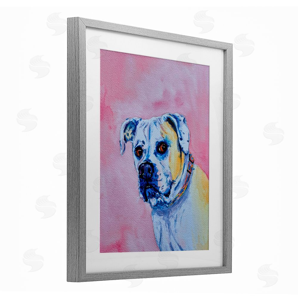 Tatiana Roberts Gazing Dog on Pink Gray Framed Print Under Glass with White Mat Wall Art