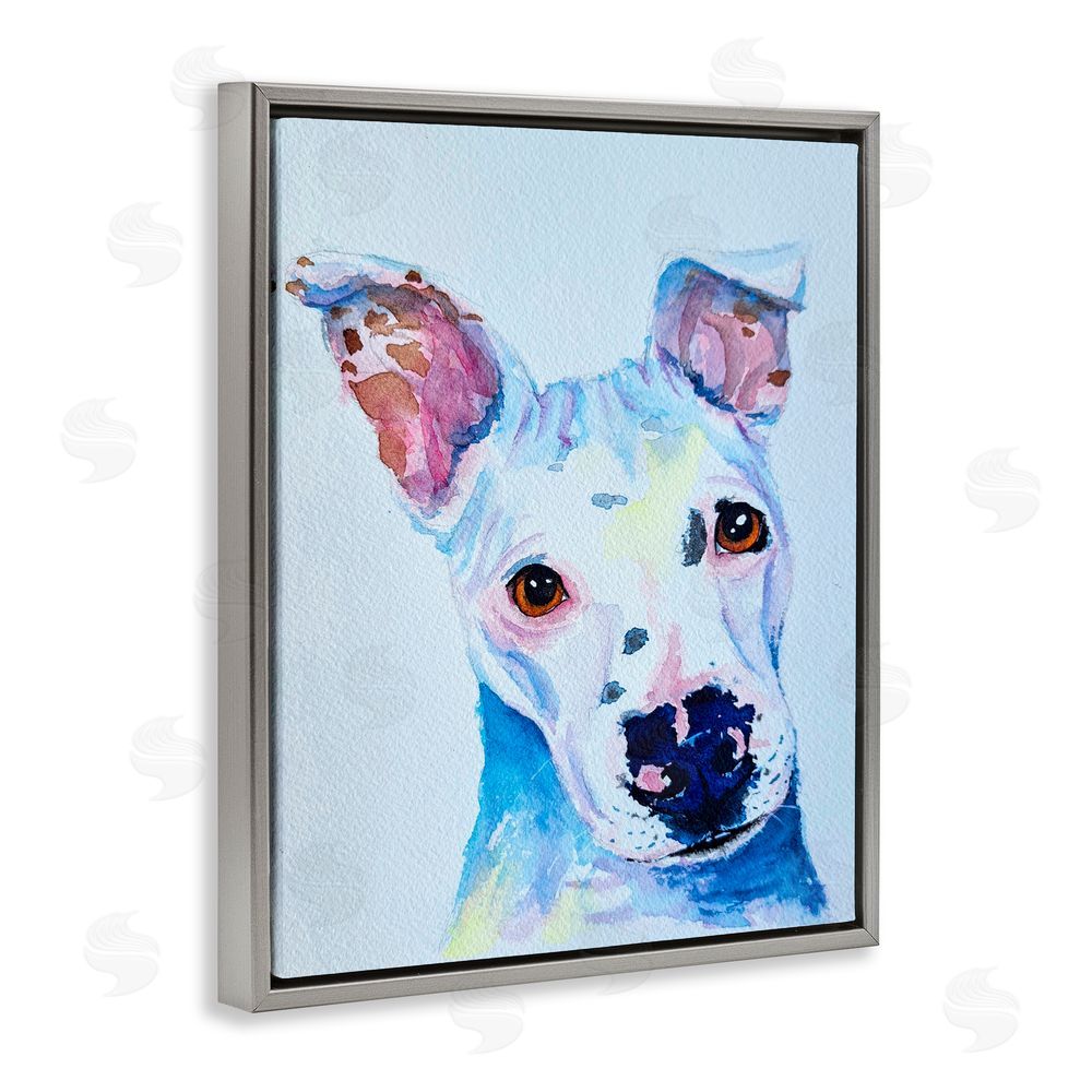 Tatiana Roberts White Pup Watercolor Portrait Gray Floating Frame Canvas Wall Art Print