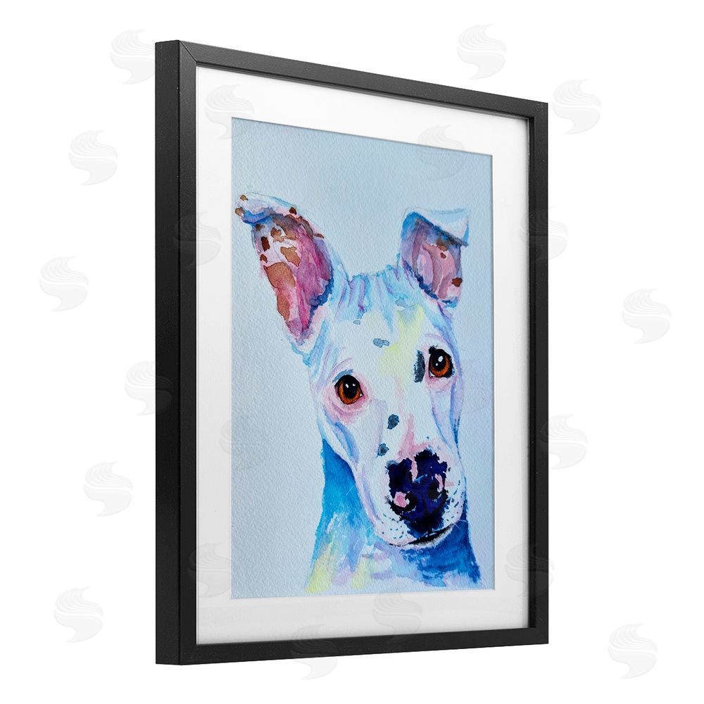 Tatiana Roberts White Pup Watercolor Portrait Black Framed Print Under Glass with White Mat Wall Art