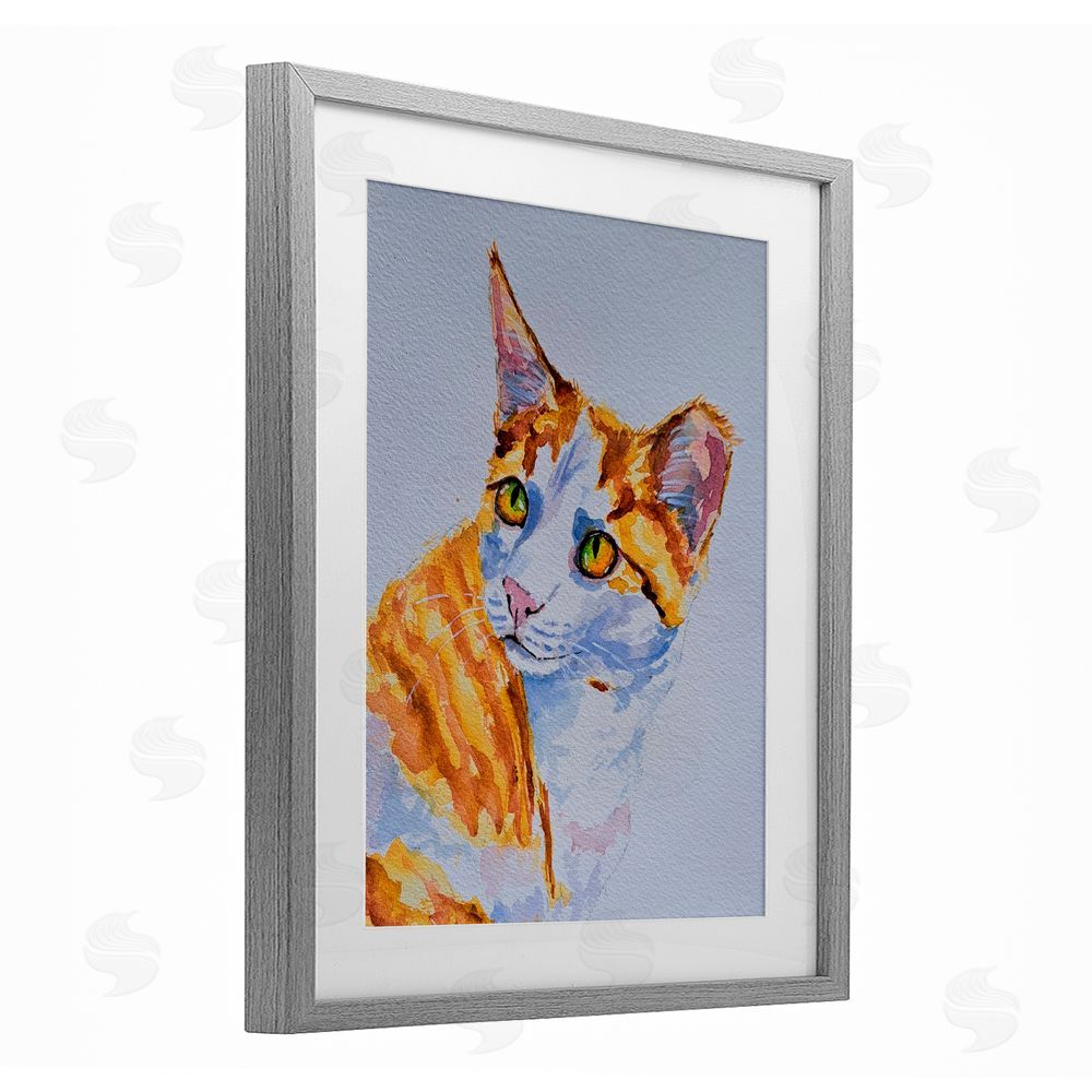 Tatiana Roberts Orange Cat Expression Gray Framed Print Under Glass with White Mat Wall Art