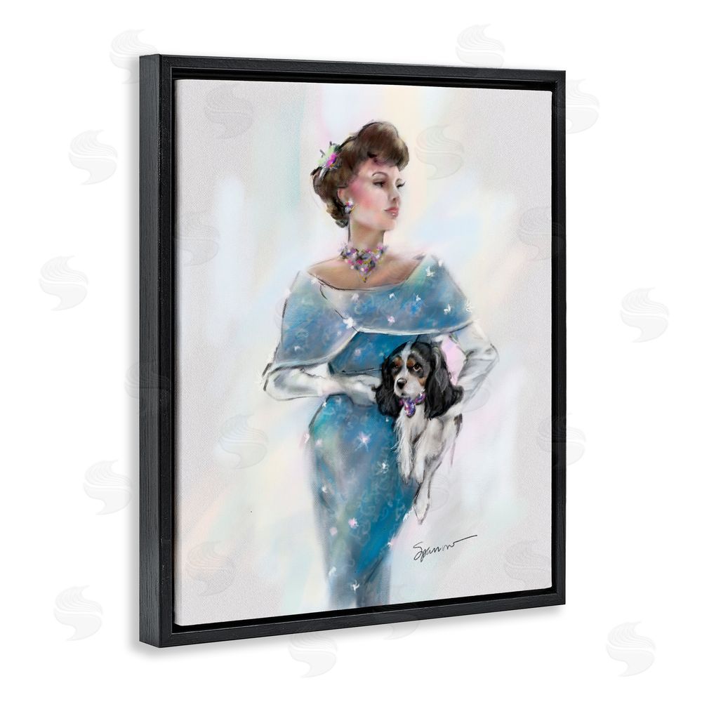 Mary Sparrow Vintage Lady & Dog Black Floating Frame Canvas Wall Art Print