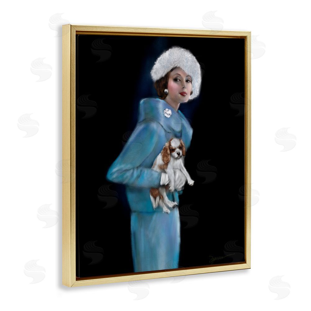 Mary Sparrow Fur Hat Vintage Woman & Dog Gold Floating Frame Canvas Wall Art Print