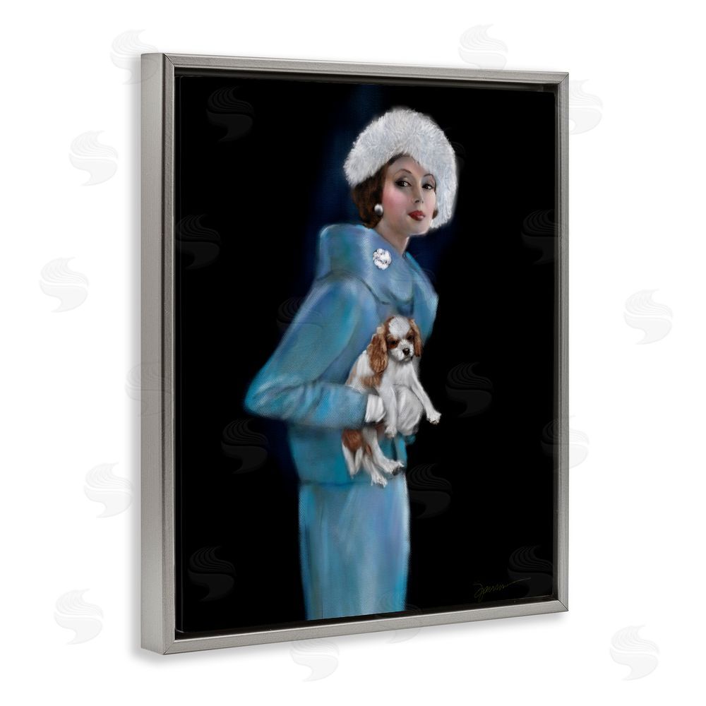 Mary Sparrow Fur Hat Vintage Woman & Dog Gray Floating Frame Canvas Wall Art Print