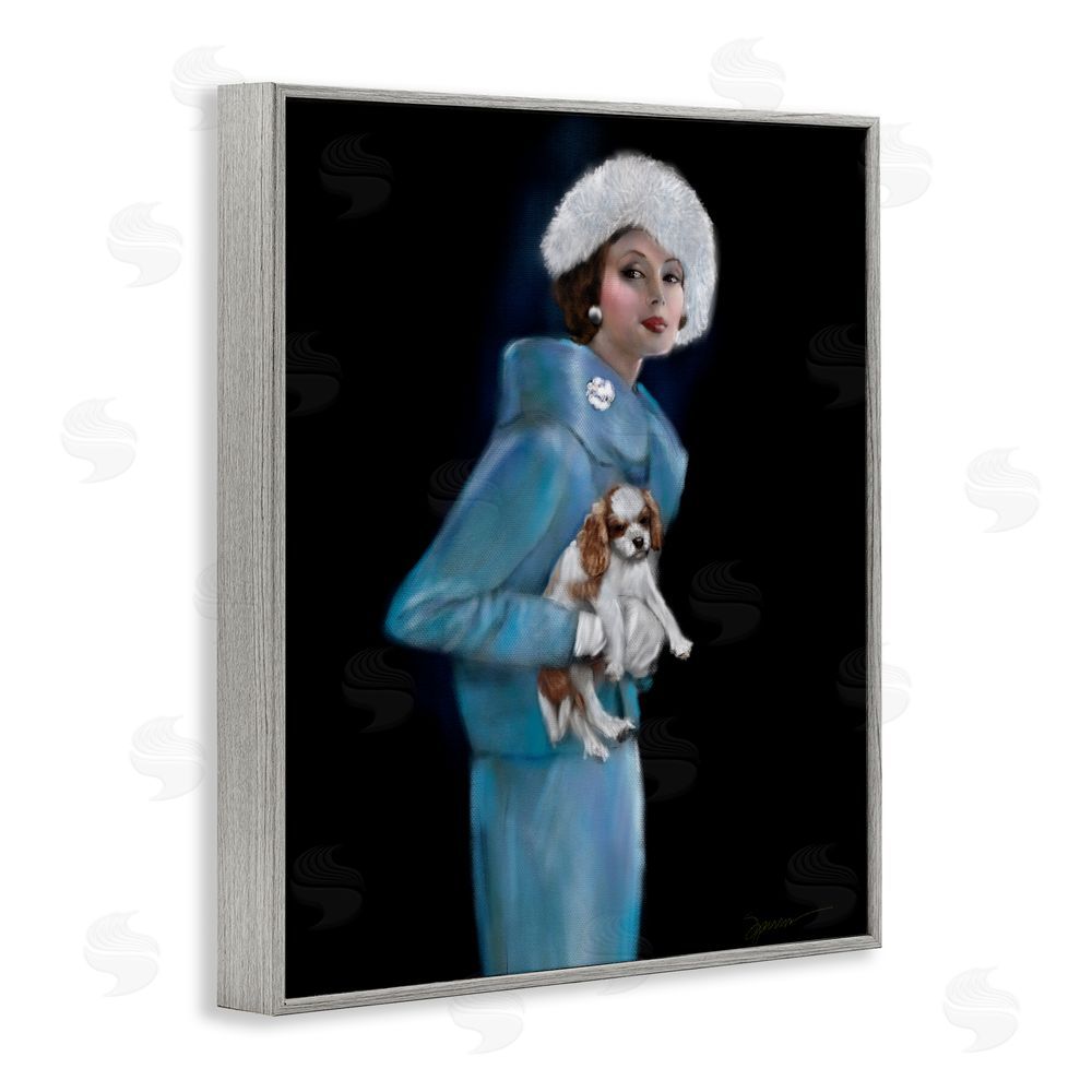 Mary Sparrow Fur Hat Vintage Woman & Dog Gray Framed Giclee Wall Art Print