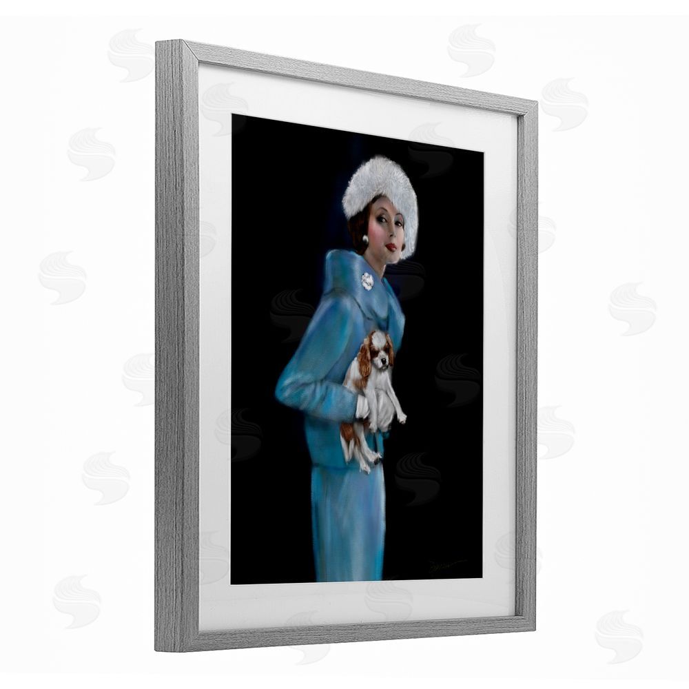 Mary Sparrow Fur Hat Vintage Woman & Dog Gray Framed Print Under Glass with White Mat Wall Art