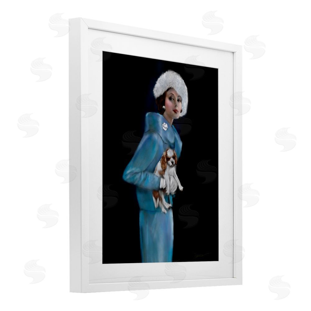 Mary Sparrow Fur Hat Vintage Woman & Dog White Framed Print Under Glass with Mat Wall Art