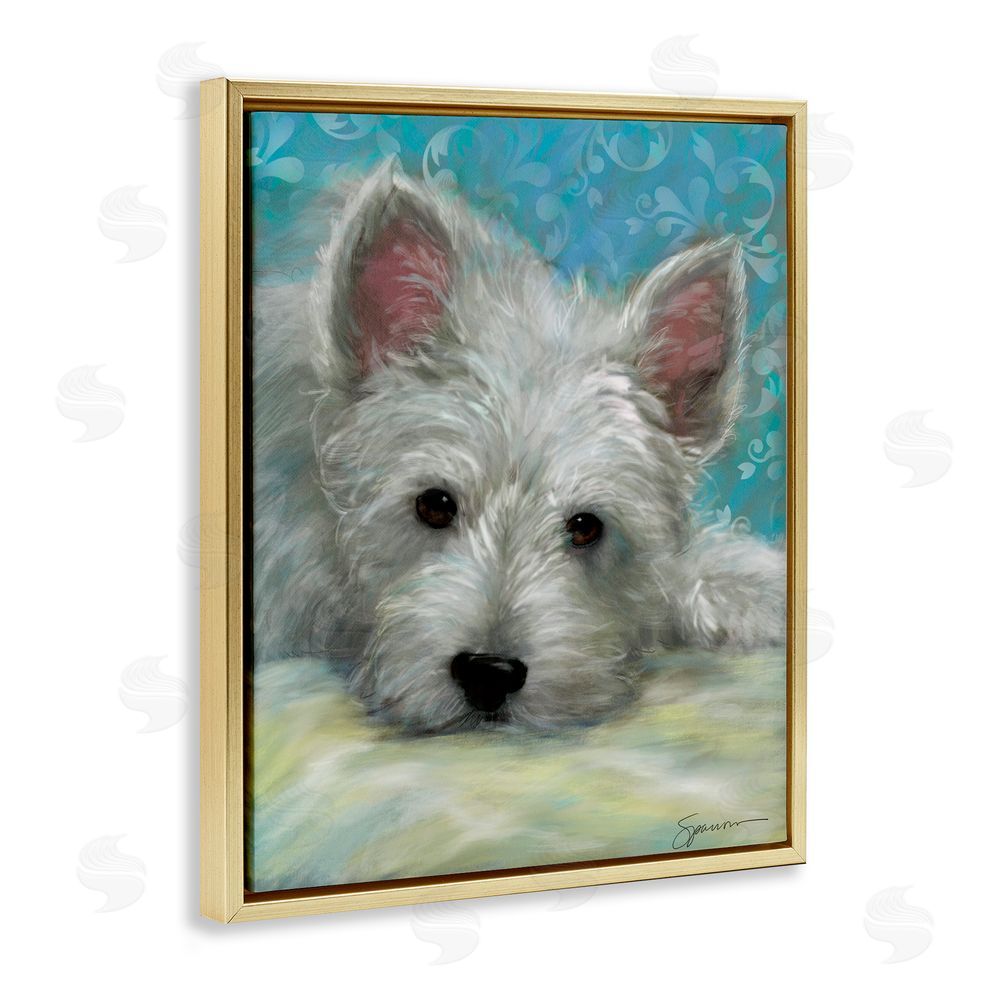 Mary Sparrow Lazy Day White Terrier Gold Floating Frame Canvas Wall Art Print