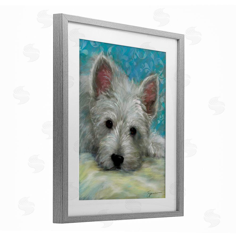 Mary Sparrow Lazy Day White Terrier Gray Framed Print Under Glass with White Mat Wall Art