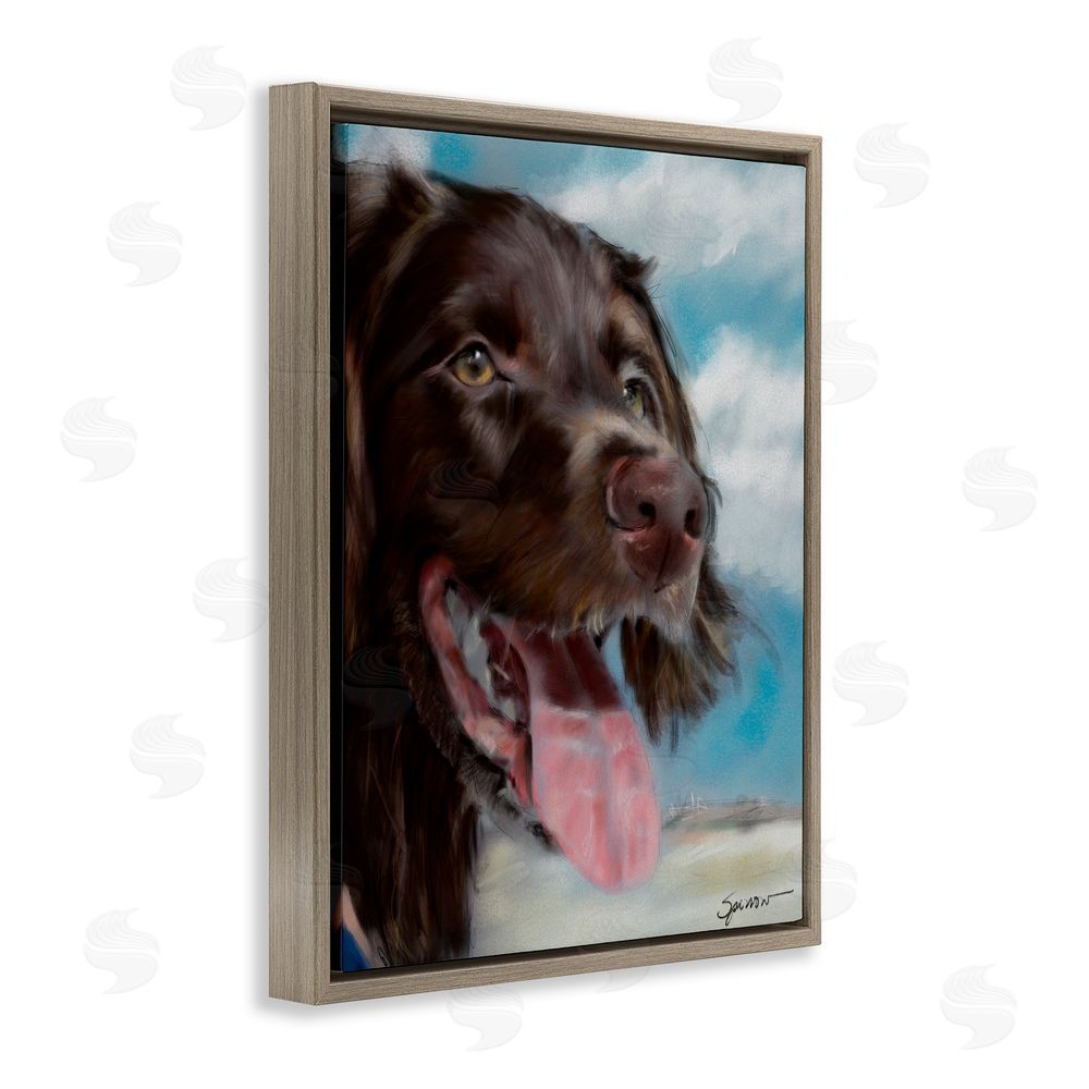 Mary Sparrow Happy Face Dog & Clouds Brown Floating Frame Canvas Wall Art Print