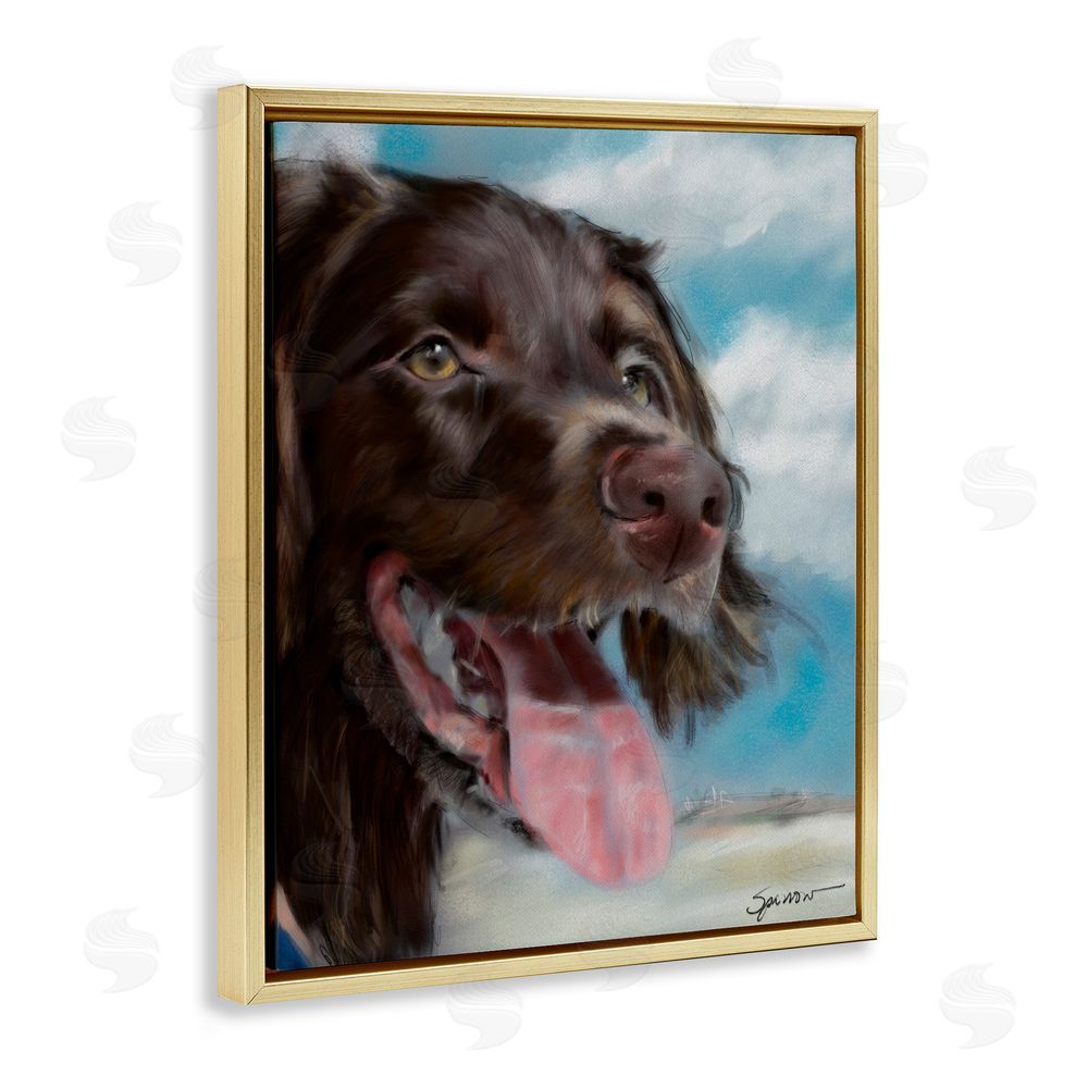 Mary Sparrow Happy Face Dog & Clouds Gold Floating Frame Canvas Wall Art Print