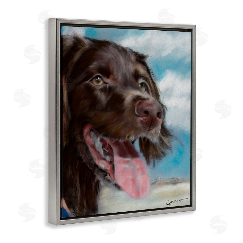 Mary Sparrow Happy Face Dog & Clouds Gray Floating Frame Canvas Wall Art Print