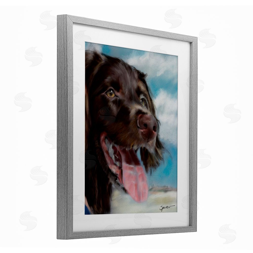 Mary Sparrow Happy Face Dog & Clouds Gray Framed Print Under Glass with White Mat Wall Art