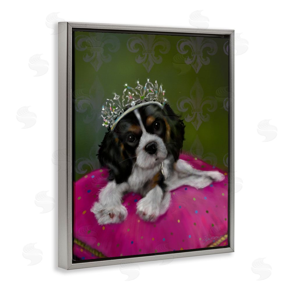 Mary Sparrow Princess Pippa Crowned Puppy Gray Floating Frame Canvas Wall Art Print