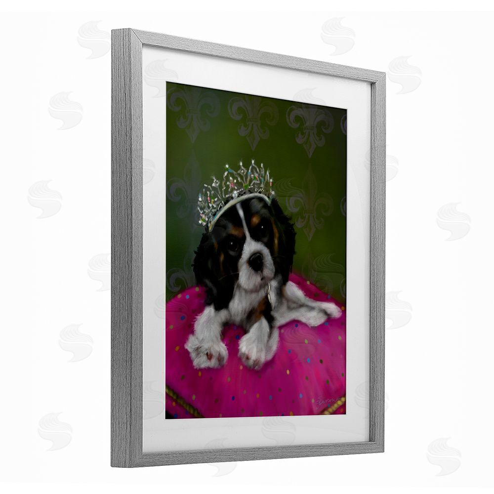 Mary Sparrow Princess Pippa Crowned Puppy Gray Framed Print Under Glass with White Mat Wall Art