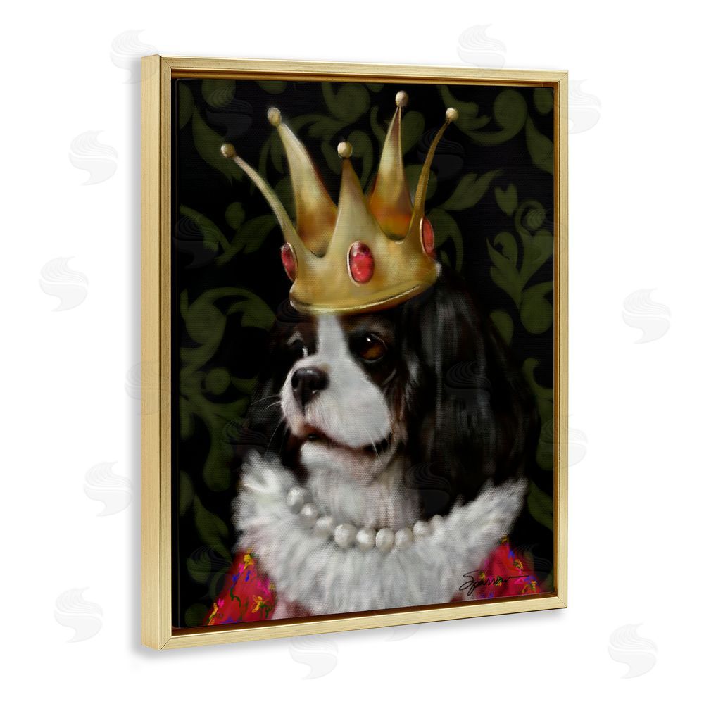 Mary Sparrow Queenie Dog with Gold Crown Gold Floating Frame Canvas Wall Art Print