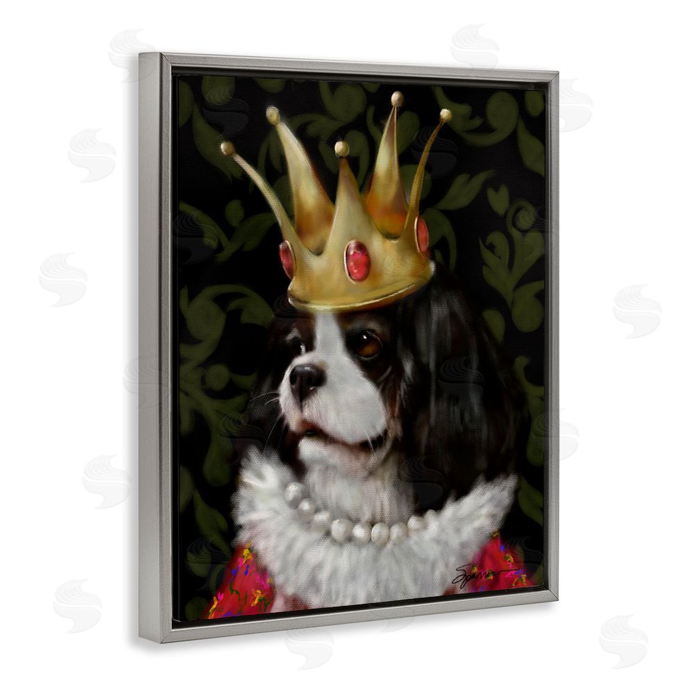 Mary Sparrow Queenie Dog with Gold Crown Gray Floating Frame Canvas Wall Art Print