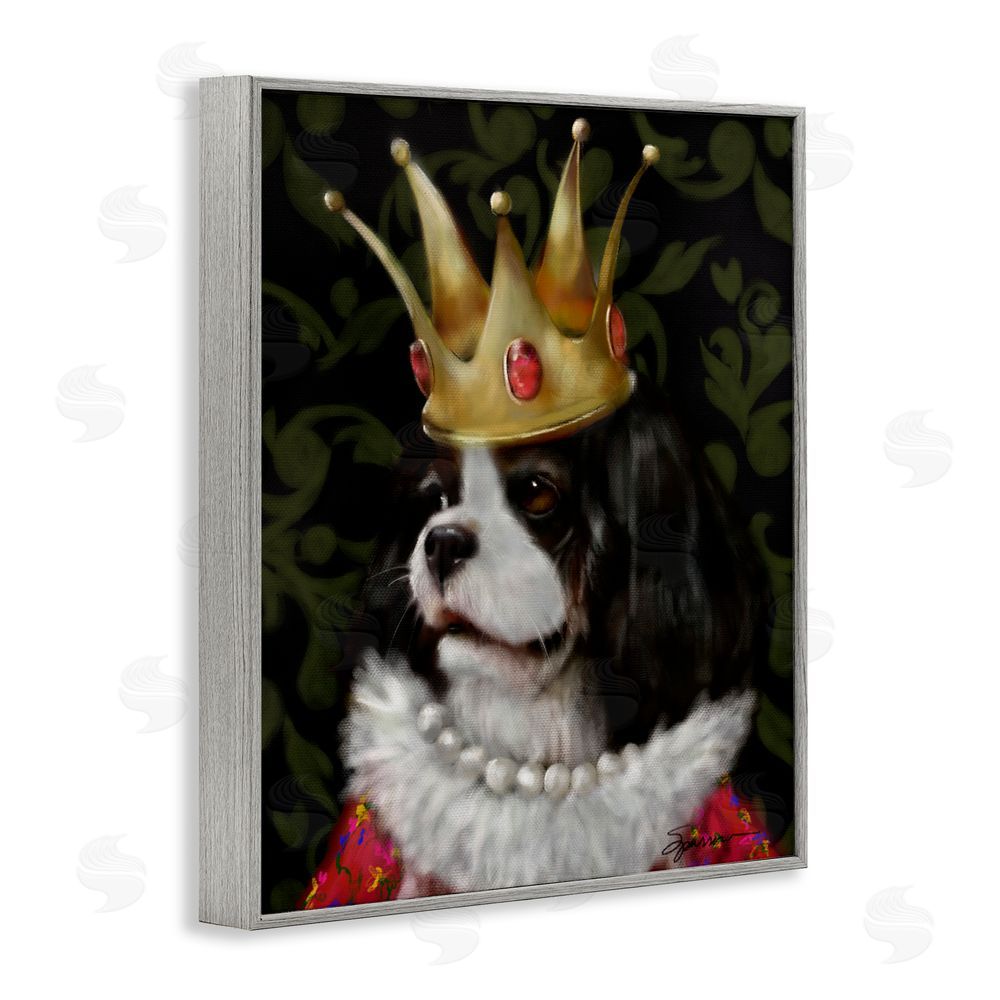 Mary Sparrow Queenie Dog with Gold Crown Gray Framed Giclee Wall Art Print