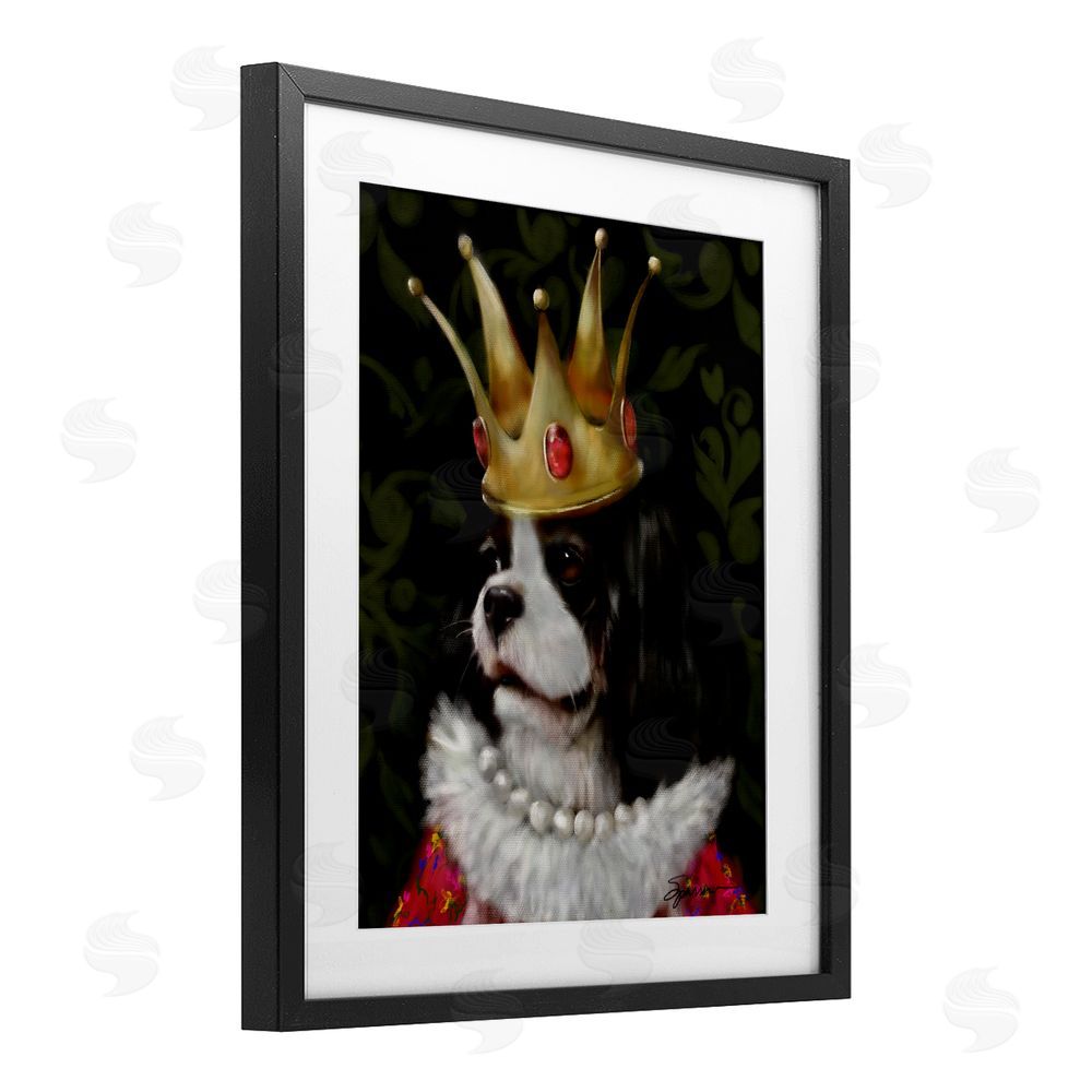 Mary Sparrow Queenie Dog with Gold Crown Black Framed Print Under Glass with White Mat Wall Art