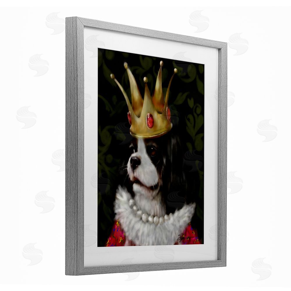 Mary Sparrow Queenie Dog with Gold Crown Gray Framed Print Under Glass with White Mat Wall Art