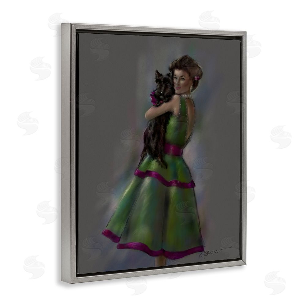 Mary Sparrow Scottie Love Woman & Dog Gray Floating Frame Canvas Wall Art Print