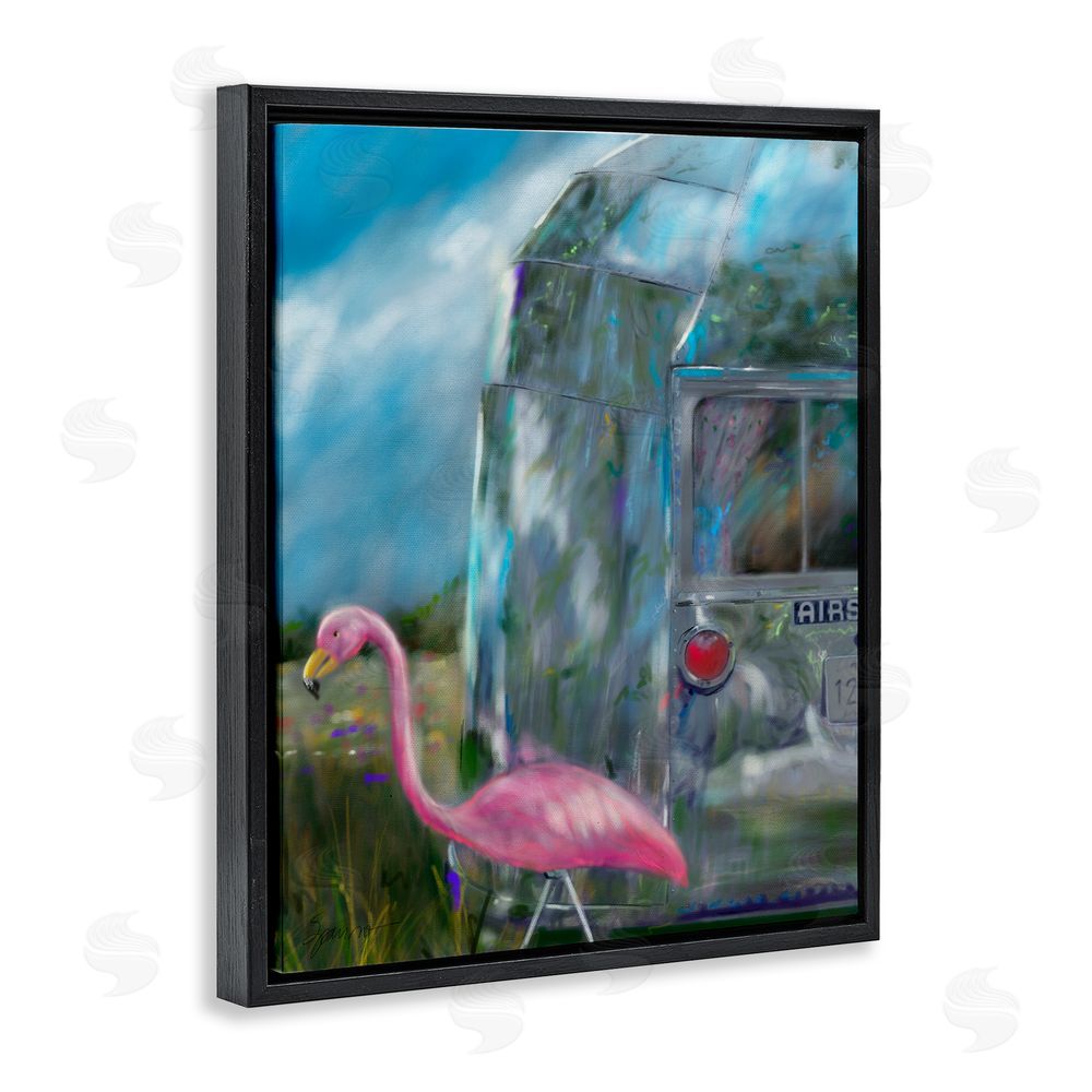 Mary Sparrow Happy Camper Flamingo Black Floating Frame Canvas Wall Art Print