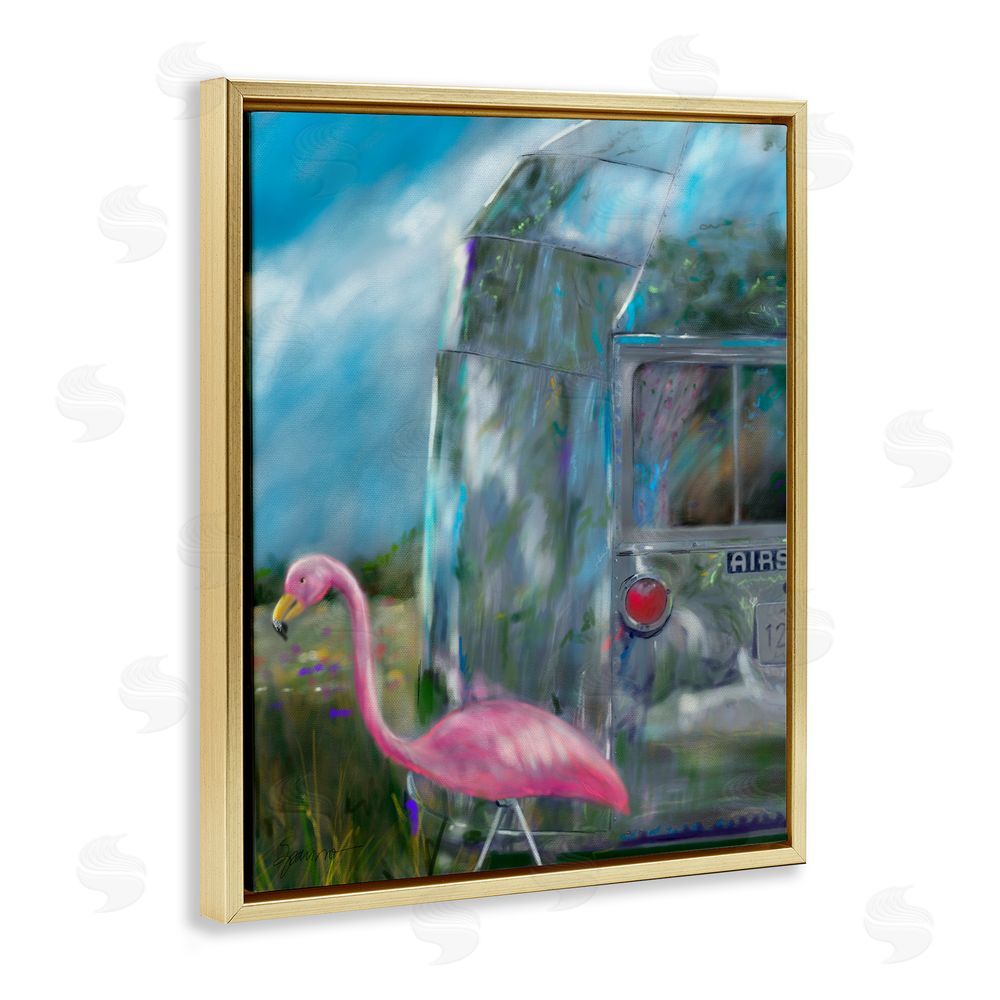 Mary Sparrow Happy Camper Flamingo Gold Floating Frame Canvas Wall Art Print