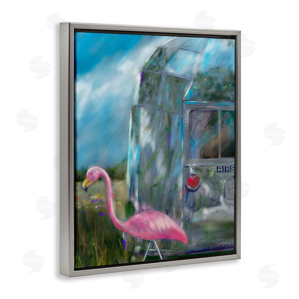 Mary Sparrow Happy Camper Flamingo Gray Floating Frame Canvas Wall Art Print