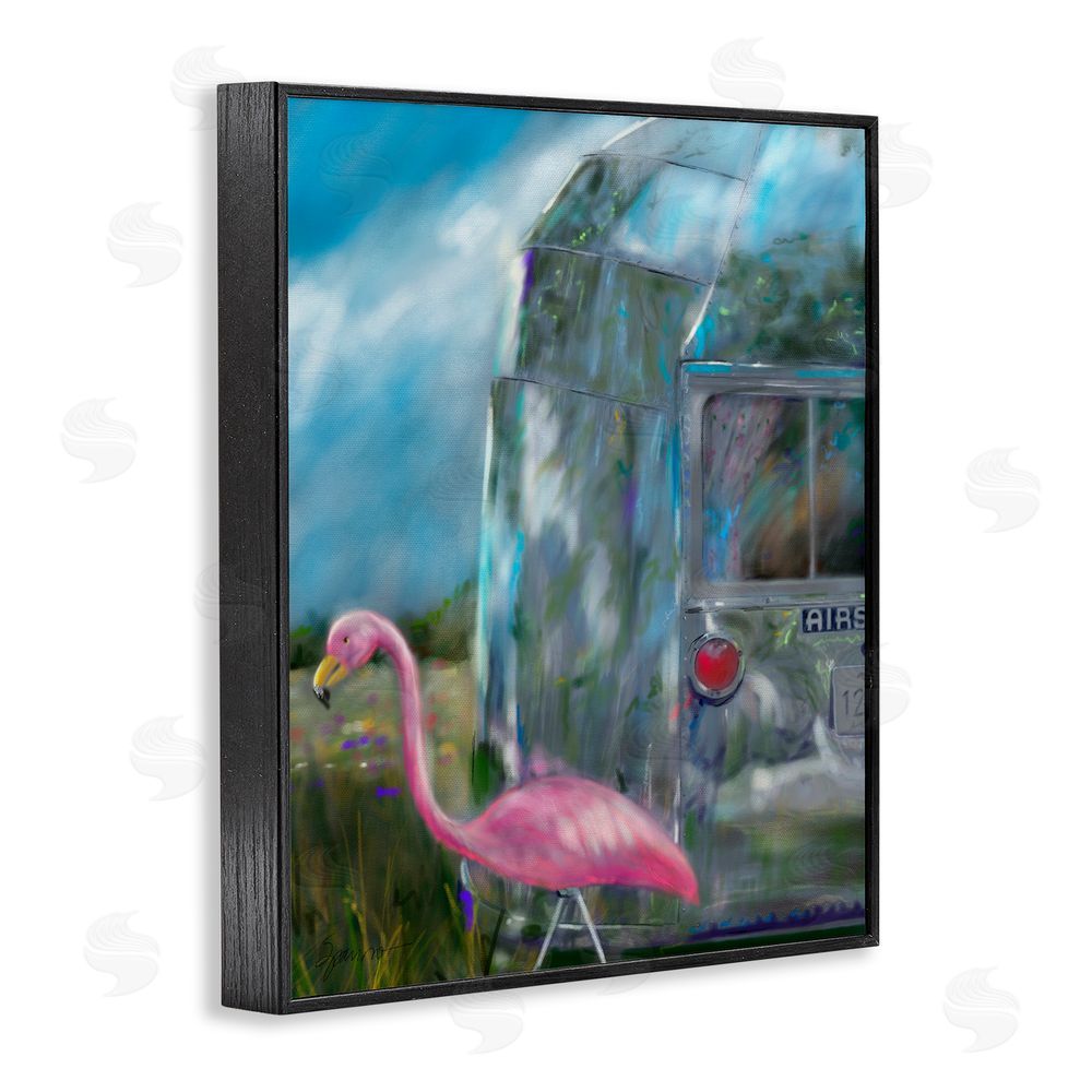 Mary Sparrow Happy Camper Flamingo Black Framed Giclee Wall Art Print