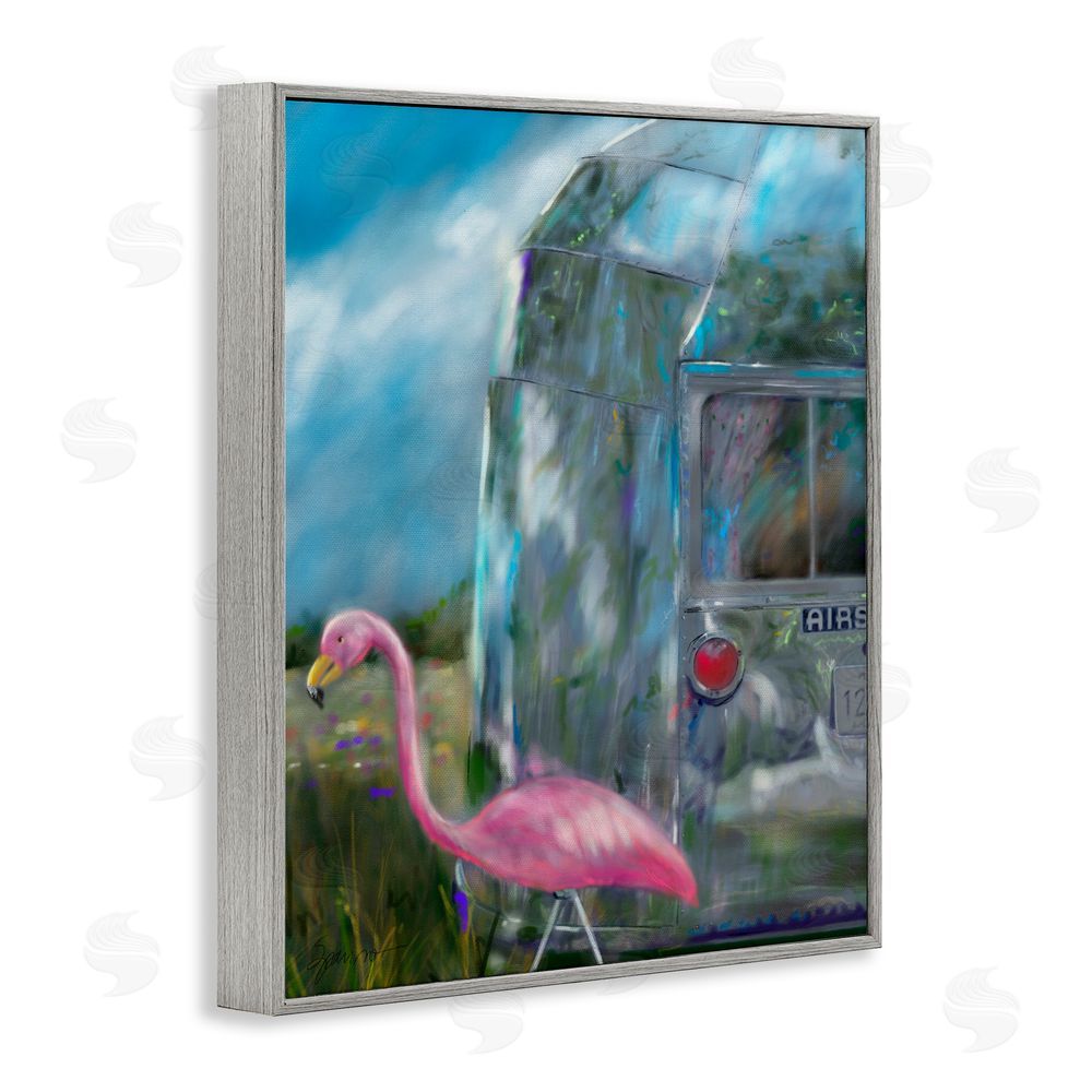 Mary Sparrow Happy Camper Flamingo Gray Framed Giclee Wall Art Print