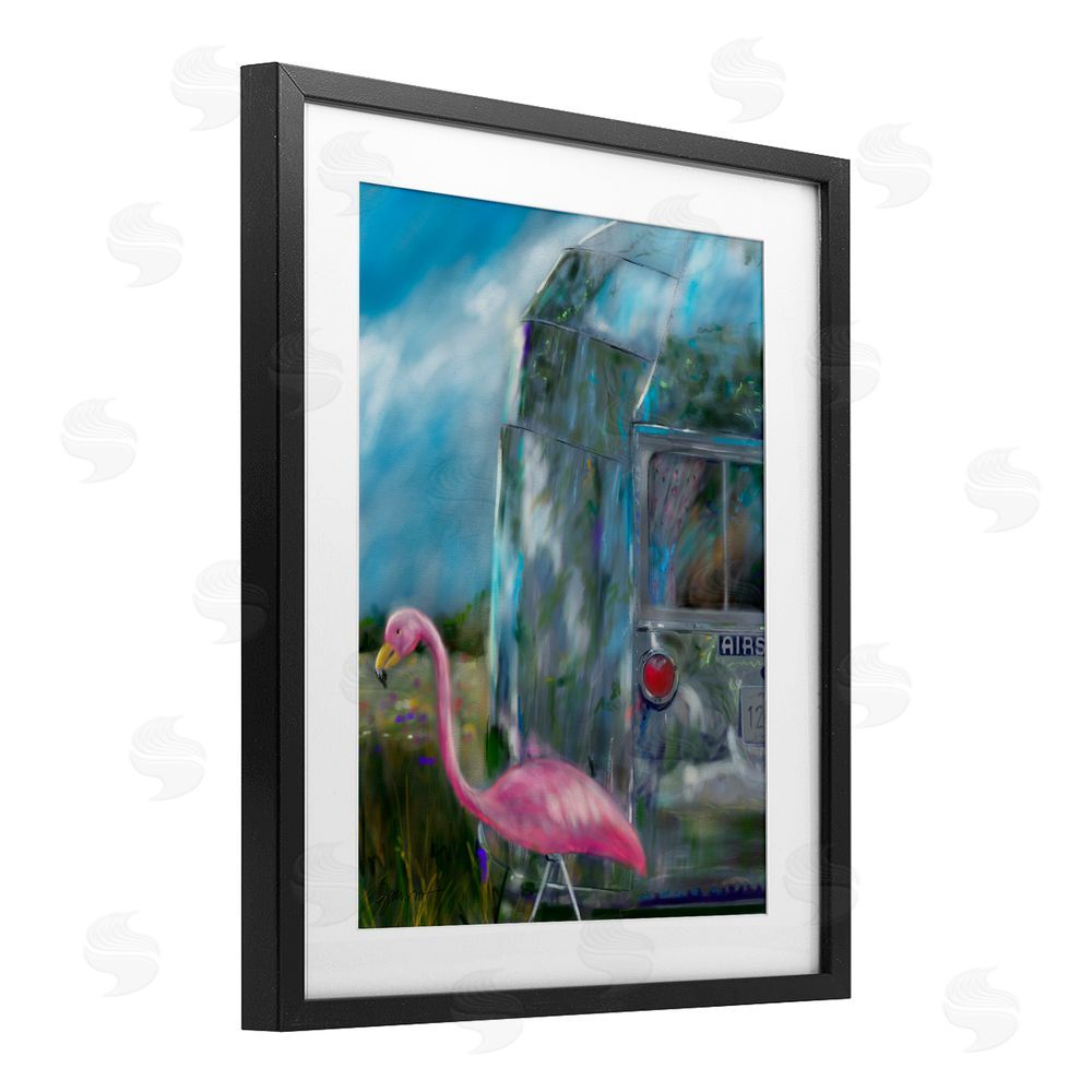 Mary Sparrow Happy Camper Flamingo Black Framed Print Under Glass with White Mat Wall Art